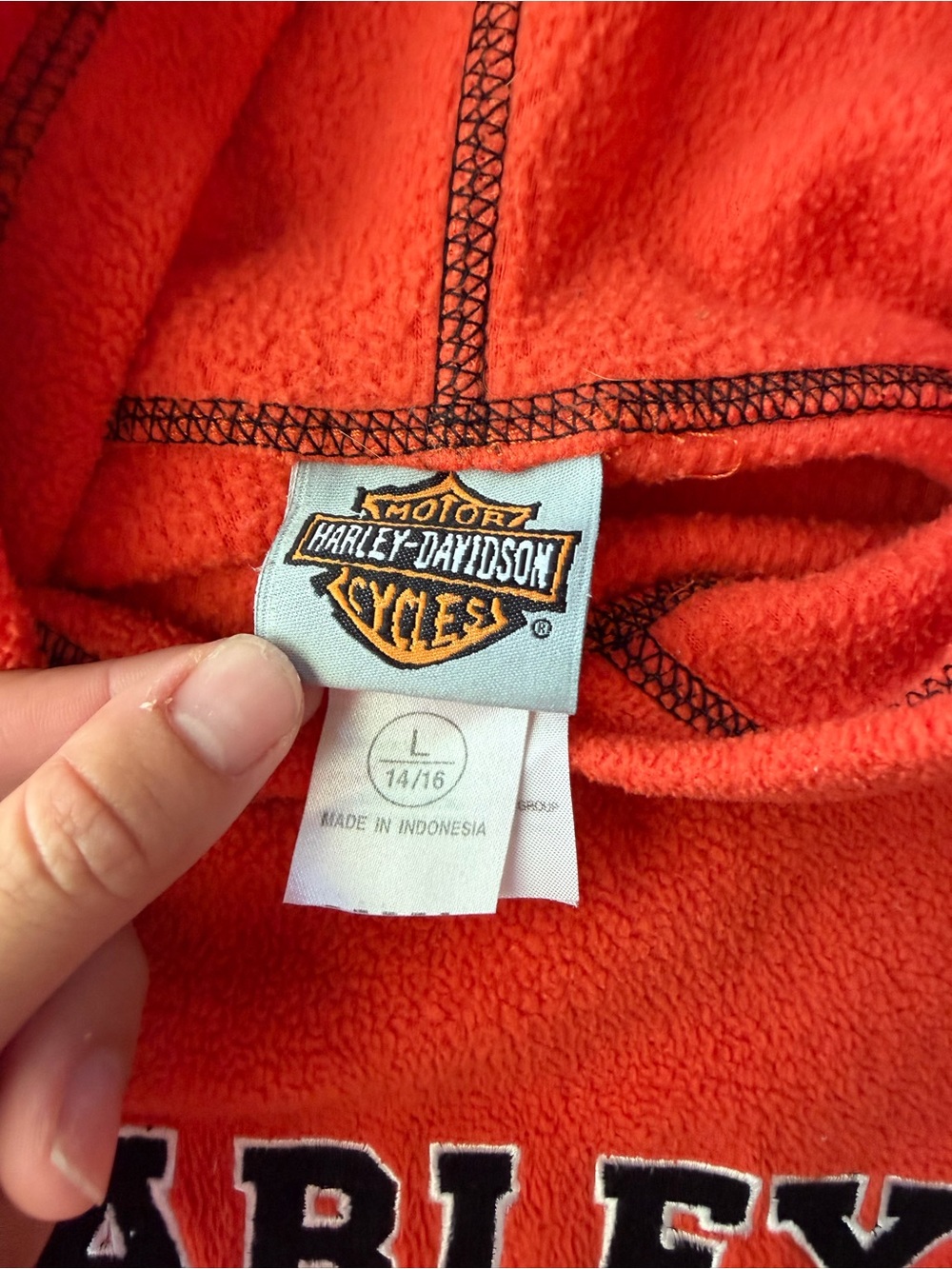 Vintage Harley-Davidson Orange Fleece Pullover Hoodie Youth Large 14/16 Biker - Picture 4 of 9